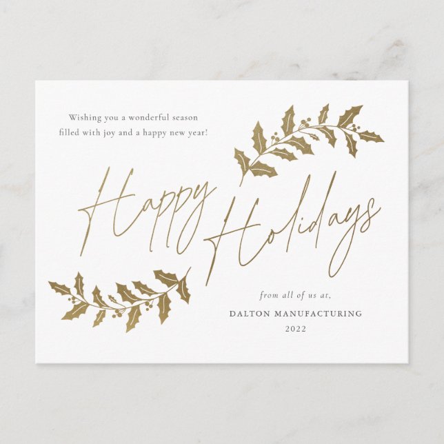 Modern Gold Script Happy Holidays Business Holiday Postcard (Front)