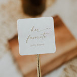 Modern Gold Script Her Favourite Wedding Favour Square Sticker<br><div class="desc">These modern gold script her favourite wedding favour stickers are perfect for a minimalist wedding. The simple yellow gold colour design features unique industrial lettering typography with modern boho style. Customisable in any colour. Keep the design minimal and elegant, as is, or personalise it by adding your own graphics and...</div>