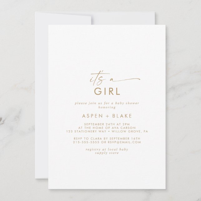 Modern Gold Script It's A Girl Baby Shower Invitation (Front)