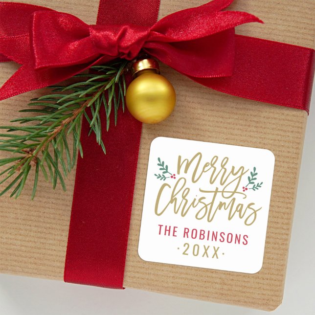 Modern Gold Script Merry Christmas Custom Square Sticker (Creator Uploaded)