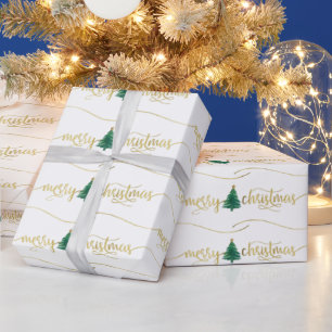 Modern Gold Script Merry Christmas Tree Wrapping Paper