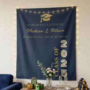 Modern Gold Script Navy Blue Twin Graduation Tapestry