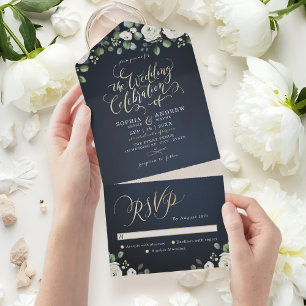 Modern gold script navy blue white floral wedding all in one invitation