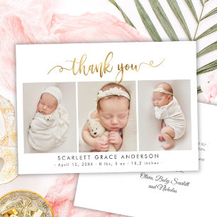 Modern Gold Script Newborn 3 Baby Photo Thank You