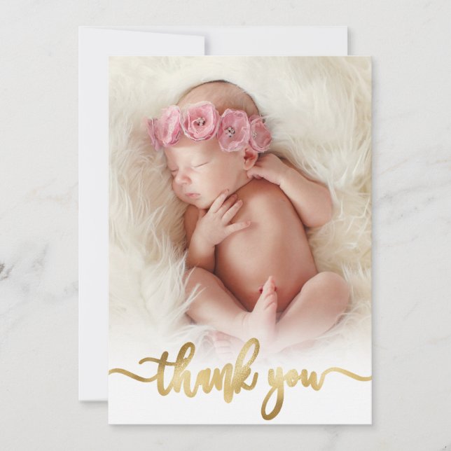 Modern Gold Script Newborn Baby Photo Thank You (Front)