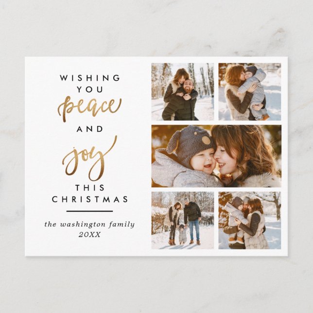 Modern Gold Script Peace & Joy Christmas 5 Photo Postcard (Front)