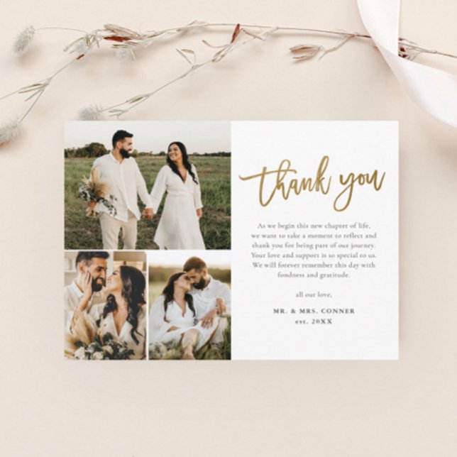 Modern Gold Script Photo Collage Wedding Thank You Postcard (Creator Uploaded)