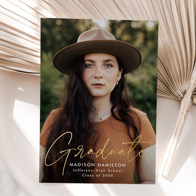 Modern Gold Script Photo Graduation Announcement (Creator Uploaded)