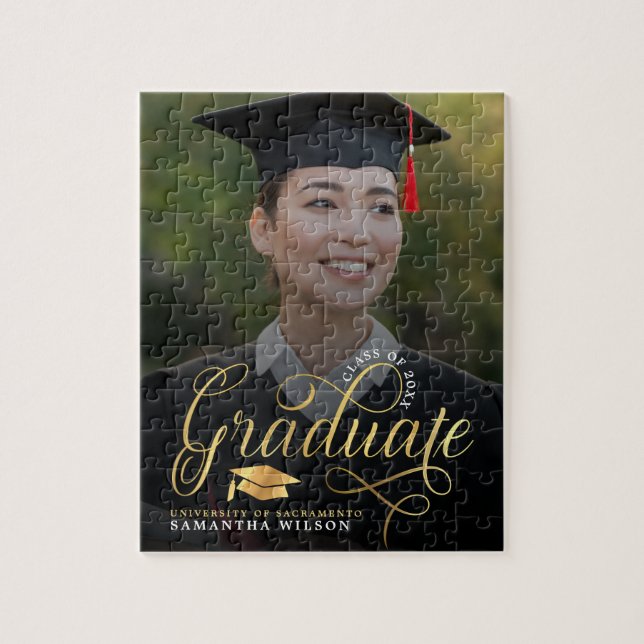 Modern Gold Script Photo Graduation Announcement Jigsaw Puzzle (Vertical)