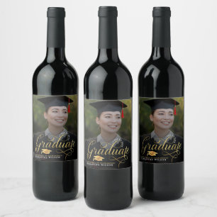 Modern Gold Script Photo Graduation Announcement Wine Label