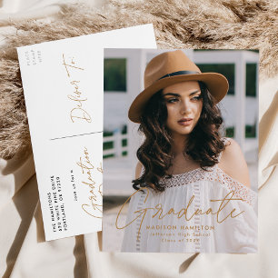 Modern Gold Script Photo Graduation Party Invitation Postcard