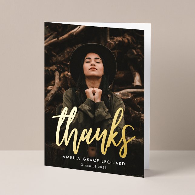 Modern Gold Script Photo Graduation Thank You Foil Greeting Card (Creator Uploaded)