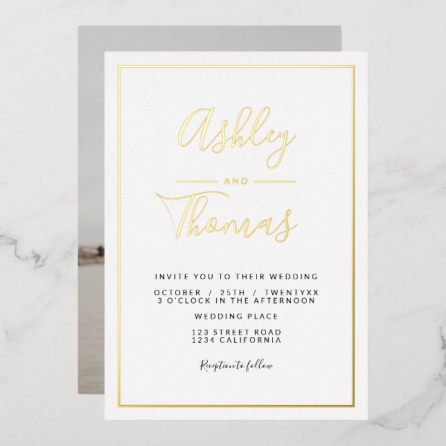 Modern gold script photo wedding geometric frame (Front/Back)