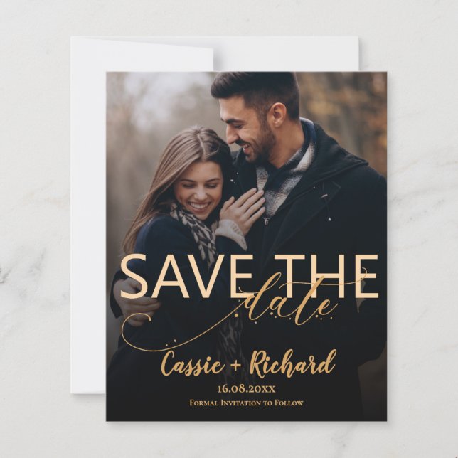 Modern Gold Script Photo Wedding Save the Date (Front)