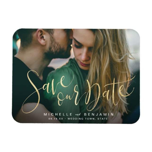 Modern gold script photo wedding save the date magnet (Horizontal)