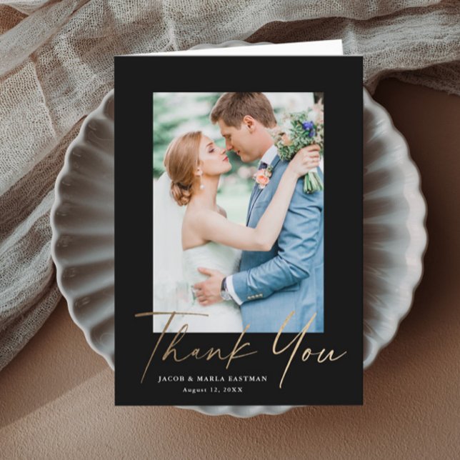 Modern Gold Script Photo Wedding Thank You Card (Elegant black and gold wedding photo thank you card.)