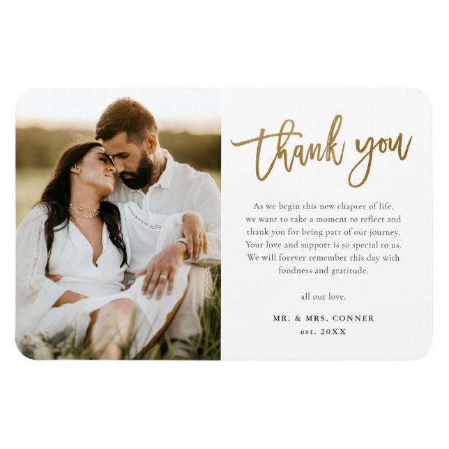 Modern Gold Script Photo Wedding Thank You Magnet (Horizontal)