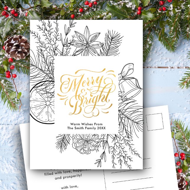 Modern Gold Script Pine Bough Minimalist Floral Ho Holiday Postcard (Creator Uploaded)