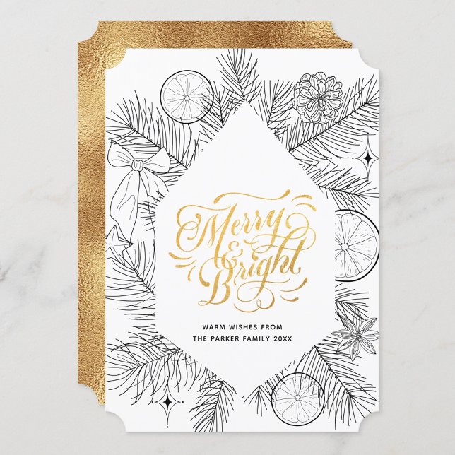 Modern Gold Script Pine Bough Minimalist Floral Holiday Card (Creator Uploaded)