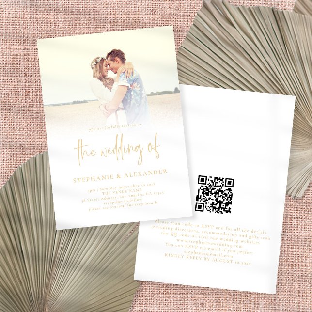 Modern Gold Script QR Code Photo Overlay Wedding Invitation (Creator Uploaded)