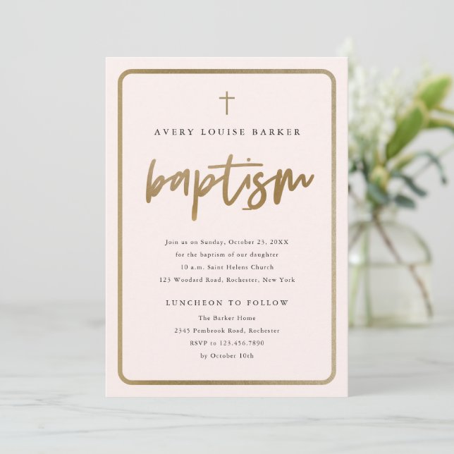 Modern Gold Script Religious Baptism Invitation (Standing Front)