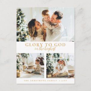Modern Gold Script Religious Christmas 3 Photo Holiday Postcard