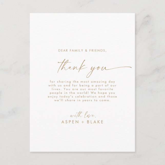 Modern Gold Script Thank You Reception Card (Front)
