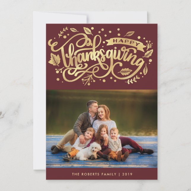 Modern gold script thanksgiving photo card (Front)