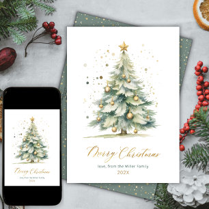 Modern Gold Script Tree Non Photo Christmas Cards
