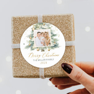 Modern Gold Script Watercolor Christmas Tree Photo Classic Round Sticker