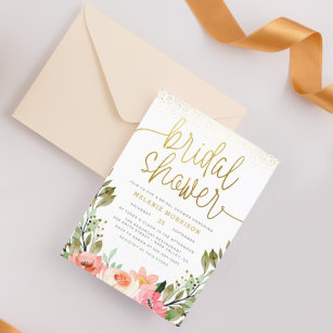 Modern Gold Script Watercolor Floral Bridal Shower Invitation