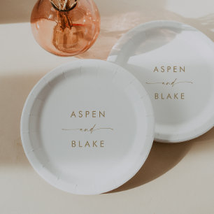 Modern Gold Script Wedding Cake Paper Plate