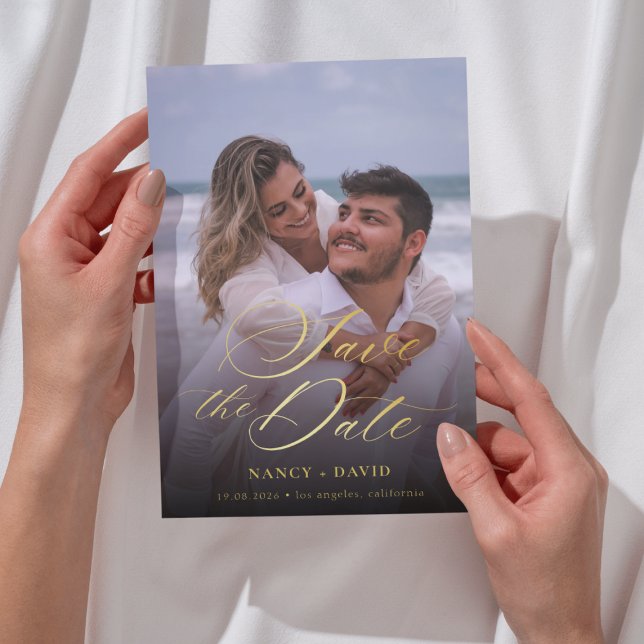 Modern Gold Script Wedding One Photo  Save The Date (Creator Uploaded)