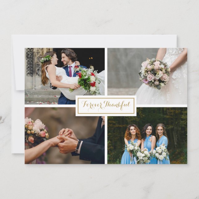 Modern Gold Script Wedding Photo Collage Thank You Card (Front)