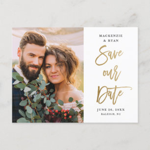 Modern Gold Script Wedding Photo  Save The Date Announcement Postcard