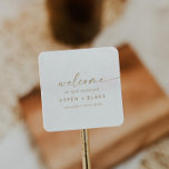 Modern Gold Script Wedding Welcome Square Sticker<br><div class="desc">These modern gold script wedding welcome stickers are perfect for a minimalist wedding. The simple yellow gold colour design features unique industrial lettering typography with modern boho style. Customisable in any colour. Keep the design minimal and elegant, as is, or personalise it by adding your own graphics and artwork. Personalise...</div>