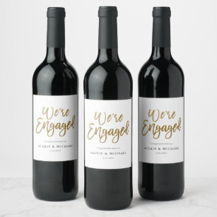 Modern Gold Script We're Engaged Engagement Party Wine Label