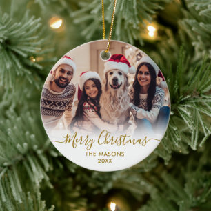 Modern Gold Script White2 Photo Merry Christmas  Ceramic Tree Decoration