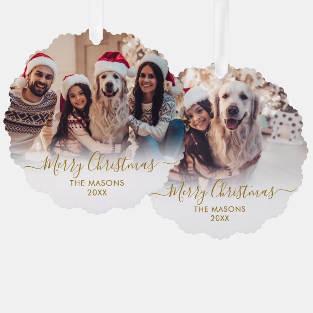 Modern Gold Script White 2 Family Photo Christmas Tree Decoration Card (Front/Back)
