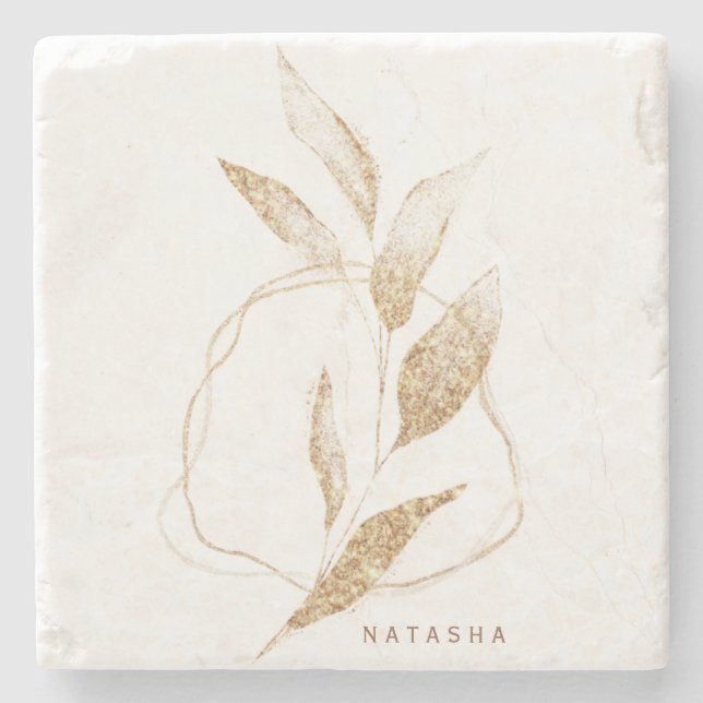 Modern Gold Shape Botanical Leaf Bridesmaid Stone Coaster (Front)