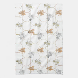 Modern Gold Silver Copper Metal Bees Tea Towel