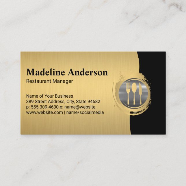 Modern Gold Silver Metallic Silverware Logo Business Card (Front)