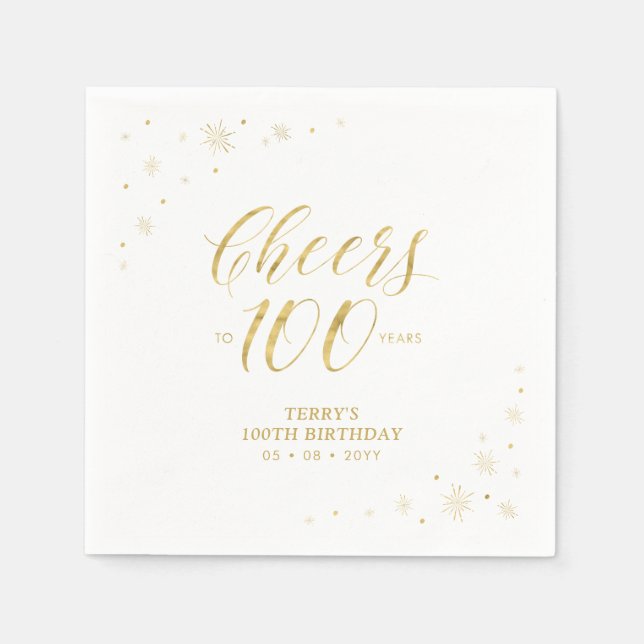 Modern Gold Sparkle & Cheers 100th Birthday Party Napkin (Front)