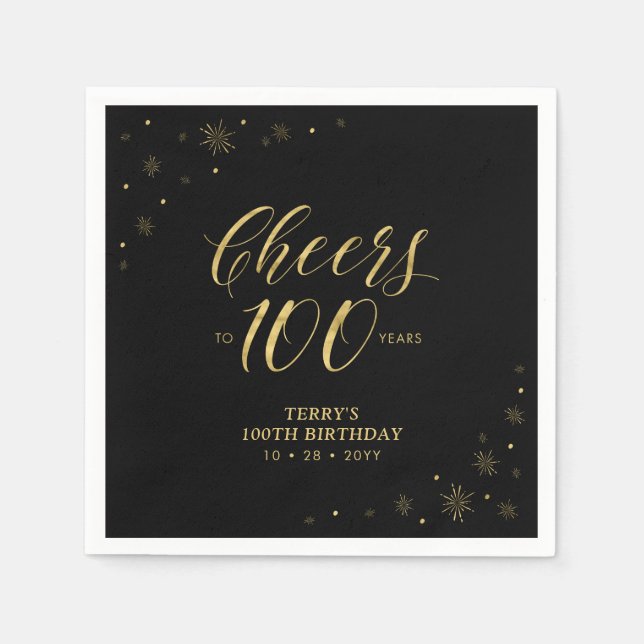 Modern Gold Sparkle & Cheers 100th Birthday Party Napkin (Front)