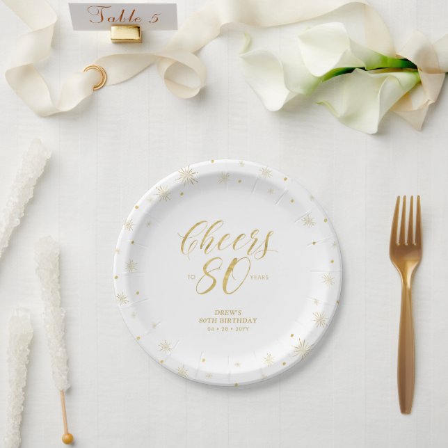 Modern Gold Sparkle & Cheers 80th Birthday Party Paper Plate (Wedding)