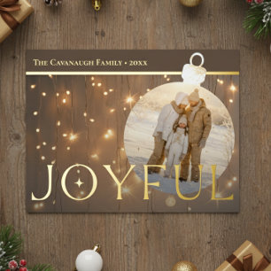 Modern Gold Sparkle Lights Joyful Bulb Photo Foil Holiday Postcard