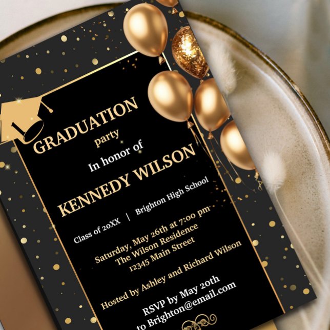 Modern Gold Sparkles Grad Invitation Black (Celebrate your graduation in style with this Gold Sparkles Graduation Party Invitation. #sparkles)