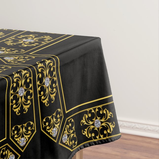 Modern Gold Square Diamond Geometric Pattern Black Tablecloth (In Situ)