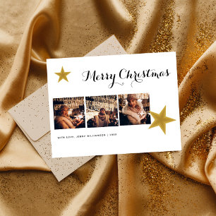 Modern Gold Star 3 Photo Collage Christmas Holiday Postcard