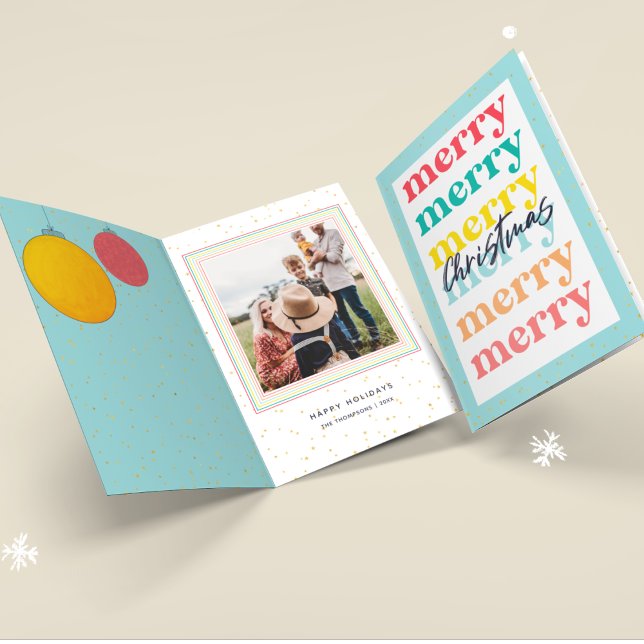 Modern Gold Stars Blue Christmas Balls One Photo Card (Creator Uploaded)